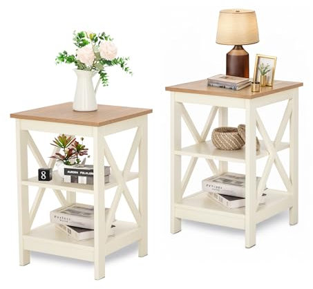 MAISON ARTS 2er Set Nachttisch Nachtschrank Beistelltische Ablagetisch 3 Ebenen Moderne Sofatisch mit Stauraum für Schlafzimmer Wohnzimmer Elfenbein