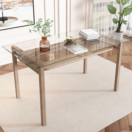 Mesa de Comedor Con Espacio de Almacenamiento - Diseño de Ratán, Tablero de Cristal Templado, 110 x 65 x 74 cm - Mesa Rectangular Moderna Para Café
