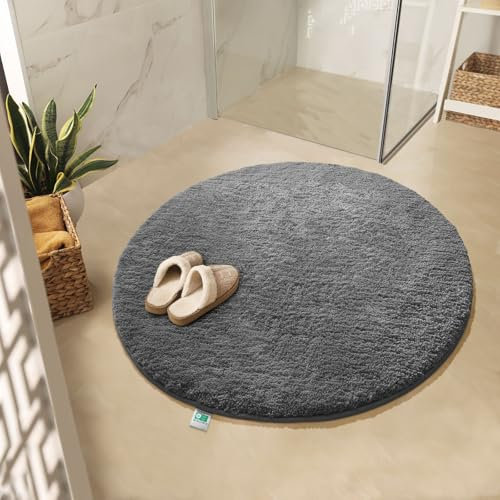 KARAT Badematte Sky, Badteppich in Rund, Dichtes, Flauschiges Wohlgefühl für Ihr Zuhause, Badvorleger rutschfest waschbar, schadstoffgeprüft (Dunkelgrau, 95 cm (Rund))
