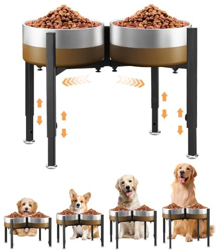 Support de gamelle surélevé pour chien - En métal - Pour double gamelle - 4 hauteurs et largeurs réglables - Support anti-renversement pour chiens de petite, moyenne et grande taille