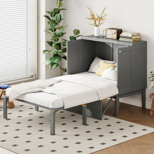 YuQozii Schrankbett 90x200 cm, Wandbett mit Lattenrost, Wandklappbett, vertikales Schrankbett mit Lattenrost, Jugendbett (grau)