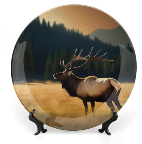 FZMVSQH Elk In The Meadow Bone China Decorative Plate 10inch Ceramic Dinner Plates with Display Stand Decorative Plates for Display Porcelain Plate for Wall Hanging Personalized China Dinnerware