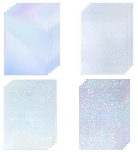 Holographic Sticker Paper, 20 Sheets A4 Size Clear Glitter Vinyl Self-Adhesive Holographic Overlay Laminate Sheets 11.61×8.26 Inch Transparent Laminate Film Stickers for DIY Crafts, 4 Patterns