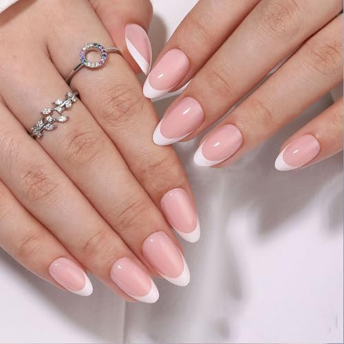 Almond Press on Nails - Short False Nails French Tip - 24PCS Fake nails with Glue - Nude Stick on Nails Extra Short - Full Cover Acrylic nail Tips for Women Manicure Long Lasting