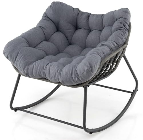 LIFEZEAL Rattan Schaukelstuhl Garten, Schwingsessel Schaukelsessel Outdoor, Relaxstuhl mit gepolstertem Kissen, Lesesessel für Balkon, Veranda, Wohnzimmer und Terrasse (Grau)