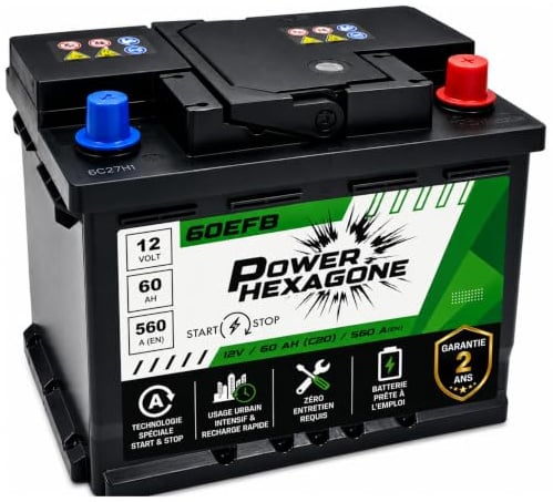 Batterie 12V 60Ah EFB Start & Stop - 560A de Démarrage - Batterie Auto Sans Entretien - Format standard pour citadine et berline - Remplacement Origine - Power Hexagone