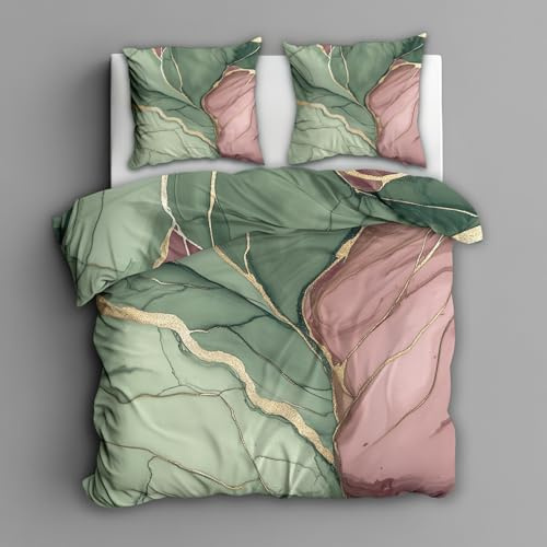 Generisch Bettwäsche 135x200 Grün Marmor Wende Motiv 2tlg, Schlafzimmer Deko, Abstrakt Modern Bettbezug und 1 Kissenbezug 80x80, Weiche Mikrofaser Deckenbezug mit Reißverschluss -g509