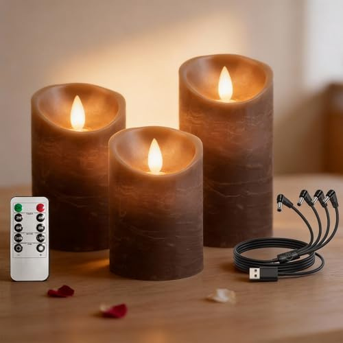 RosMank 3er Set LED-Kerzen, mit 10-Tasten-Fernbedienung, Flammenlos, aus Echtem Wachs, mit Flackernder Flamme, Dekoration für Weihnachten, Geburtstag, Hochzeit und Party, Braun