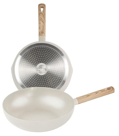 INDE QUTTIN - Sartén Wok Ecook 28 cm Antiadherente Cerámica PFAS Free, Aluminio Reciclado, Sin Tóxicos, Apta para Inducción Gas Vitro Eléctrico Halógeno, Mango Detalle en Madera