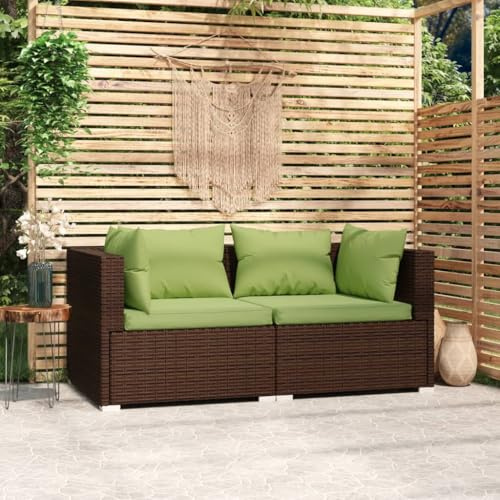 Yunovire 2-Sitzer-Sofa, Braun Poly Rattan, mit Kissen Grün, 140x70x60.5 cm, Robustes Gartensofa für Terrasse und Balkon, Modulares Design, Outdoor Lounge