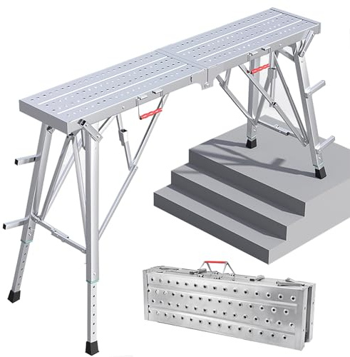 Portable Scaffolding Equipment Adjustable Height, Multipurpose Folding Work Platform Scaffold Tower Stool Bench， Steel Step Ladder, Maximum Bearing 800lbs for Painting, Car Washing, Cleaning