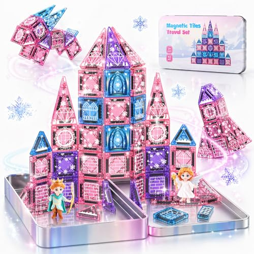 Travel Magnetic Tiles for Kids 43 Pcs, Mini Magnatiles Travel Set Magnet Toys for 3 4 5 6 Year Old Girls Toddler Plane Activities Games Magnetic Blocks Building Birthday Gifts for Girl Princess
