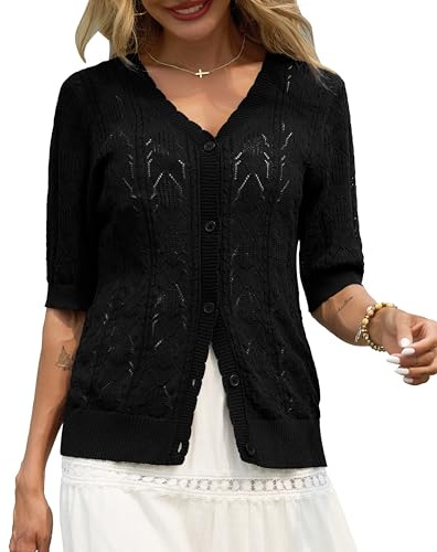Lovasy Cardigan con Bottoni Donna a Maniche Corte Giacca in Maglia Elegante Curvy Golfino con Scollo a V Aperto Davanti Pullover Leggero ed Traspirante