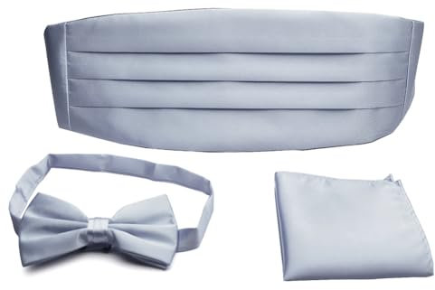 PenSee Vorgebundene Fliege und Einstecktuch und Kummerbund für Herren, silber,