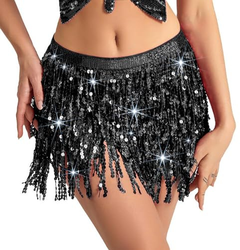 Baisdan Belly Dance Dancer Costume Sequin Tassel Fringe Hip Scarf Belt Waist Wrap Skirt Black