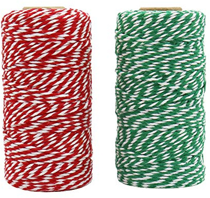 Tenn Well Bakers Twine, 656 Feet Striped Cotton Twine Ribbon, Christmas String for Gift Wrapping, Tying Cake and Pastry Boxes, Festival Decoration, DIY Crafts & Arts (328Feet Each Roll)
