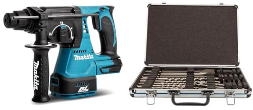 Makita Wireless Li-ion SDS Plus Rotary Brushless 3-Modus -Bohrhammer 24 mm, nur Gehäuse, DHR242Z + Makita D-42444 SDS+ Bohrer/Meissel-Set 17tlg, 1 W, 1 V