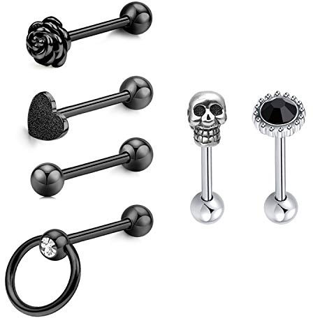 LAURITAMI 6stk Zungenpiercing 14G Chirurgenstahl Set 16mm Barbell Gerade Piercing mit Schädel Blume Piercing