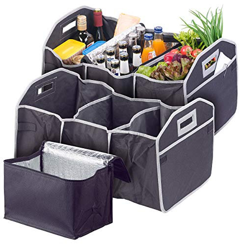 Lescars Kofferraumbox: 2er-Set 2in1-Kofferraum-Organizer mit 3 Fächern & Kühltasche, faltbar (Car Organizer Kofferraum, Autoorganizer, Anti Rutsch)