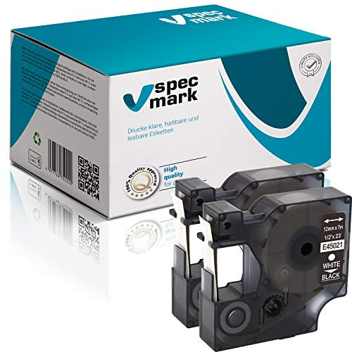 specmark Kompatibel für DYMO D1 45021 S0720560 Schriftband 12mm x 7m Satz x 2 St. Weiß auf Schwarz Kompatibel mit LM LabelManager LP LabelPoint LW LabelWriter DUO