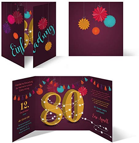 Individuelle Geburtstagseinladungen zum 80. Geburtstag personalisierte Einladungskarten ab 10 Stück selbst gestalten Quadrat 155x155mm Altarfalz - Girlande