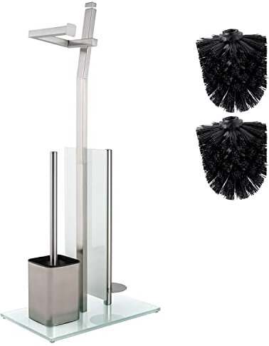 WC-Garnitur Mit Rollenhalter - Mattes Chrom – Toilettenpapierhalter Ohne Bohren Aus Gebürstetem Edelstahl – Fuß Aus Glas – 32X20X70 cm – Einfache Montage – 1 und 2 WC Bürste Zum Austauschen