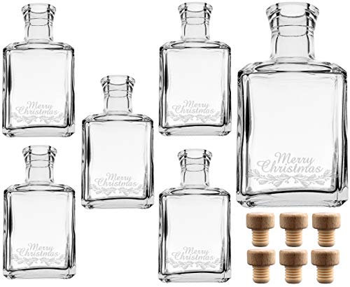 gouveo 6er Set 250 ml Glasflaschen Cube mit Gravur Merry Christmas -klein- und Korken (HGK) - Leere Flaschen für Weihnachten - Kleine Flaschen zum Verschenken