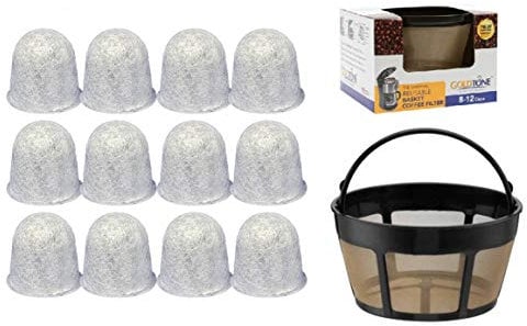 GOLDTONE Filtro de café reutilizable de 8 a 12 tazas para cafeteras y cerveceros Hamilton Beach + 12 filtros de agua de carbón (paquete combinado)