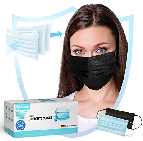 Virshields® Mund und Nasenschutz - Schwarz/Blau/Grün, 50-2000 Stück, 3-lagig, Made in EU - Masken Mundschutz, Einweg Gesichtsmaske, Einwegmasken, Schutzmasken, Einmalmasken (Schwarz, 50)