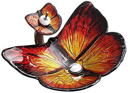 SHUGUANG Lavandino in Vetro Temperato, Lavabo da Appoggio ​in Vetro Temperato Artistico Lavabo da Bagno A Forma di Farfalla Lavabo da Appoggio con Rubinetto Cascata, 620×450×155mm,Rosso