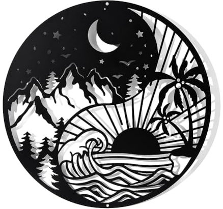 NBEADS Yin Yang Metall Wanddekoration, 30cm Mond Sonne Und Sterne Wandkunst Baum Des Lebens Wandbehang Dekor Waldbäume Und Berge Silhouette Wandkunst Für Schlafzimmer Wohnzimmer Garten Wanddekoration
