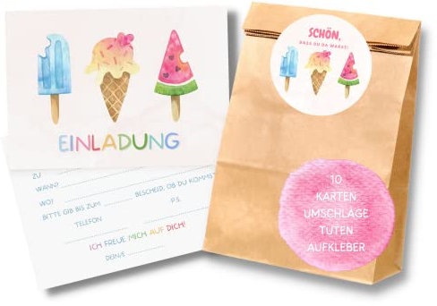 Essi's Stoff Boutique 10er-Set Eis Einladungskarten und Mitgebseltüten - Eis Kindergeburtstag Set mit Goodie Bag (Eis)