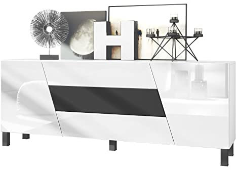 Vladon Sideboard Houston, Made in Germany, Kommode mit 2 Türen und 3 Schubladen, Korpus Weiß matt, Fronten Weiß Hochglanz, mittlere Schublade Schwarz matt (178 x 69,5 x 38,5 cm)