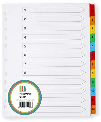 A4+ extra breite 12-teilige Ordner-Register, A4+, extra breit, 12 teilnummerierte Fächerblätter, mehrfach gelocht, verstärkte farbige Register, 150 g/m²