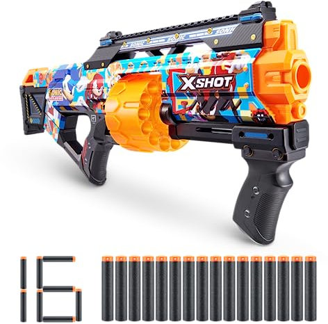 X-Shot Skins Last Stand Blaster - Moderne Sonic Skin von ZURU Sonic The Hedgehog Design mit 16 Darts, Slam Fire Action, Air Pocket Dart Technologie, Spielzeug-Schaumstoffblaster für Kinder,