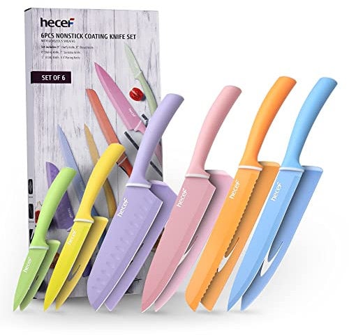 hecef Set di Coltelli da Cucina Colorati da 6 pezzi, Coltelli da Chef Professionali in Acciaio Inossidabile, Antiaderenti Sharp Coltelli con Coperture di Protezione (Set di 6 coltelli arcobaleno)