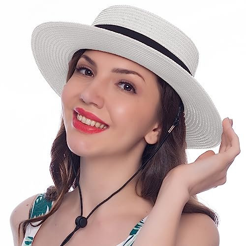 HEYANN Women's Straw Hat,Wide Brim White Panama Hat Women Straw Boater Hats for Women Panama Hats Straw Sun Hats Summer Beach Sun Hat Floppy UV Sun Protection Beach Hat(White-L)