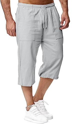 Sprifloral Mens Linen Shorts 3/4 Length Pants Summer Trousers Beach Yoga Joggers Casual Sweatpants Light Grey 5XL