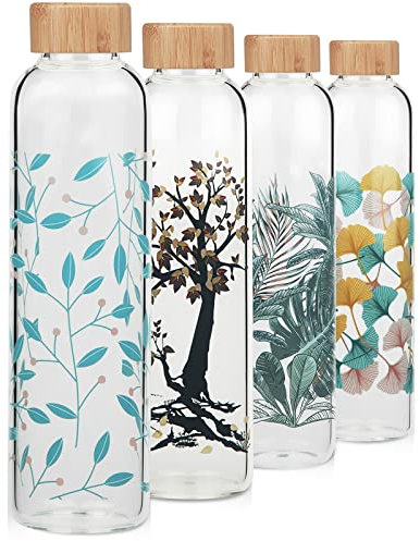 Cleesmil Sports Borosilicate Glass Water Bottle BPA Free Glass Drinking Bottle with Neoprene Sleeve 1000 ml / 1 litre (Leaf)