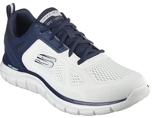 Skechers Seguimiento Más Amplio, Zapatillas de Deporte Hombre, Malla de Poliuretano de Ingeniería Blanca Rota con Ribete Azul Marino, 41 EU