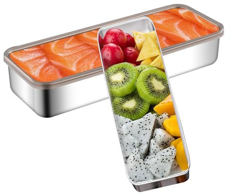 Qivine Set de 2 Organizador Nevera con Tapa, Apilables Porta Embutidos Nevera para Fiambres Frescas, 1300ml Acero Inoxidable de Tapers para Comida Hermetico, Frigorífico