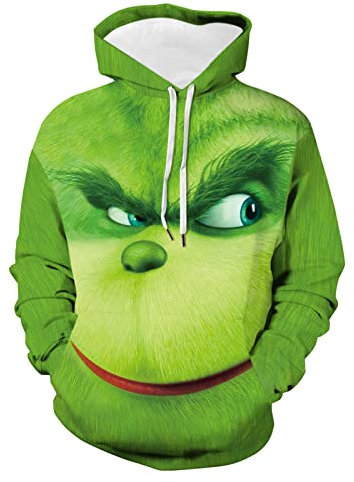 QWUVEDS Herren und Damen Weihnachten Christmas Hoodies Lustige kreative 3D Pullover Sweatshirt für Jungen Mädchen Langarm Hoodie Kordelzug Sweatshirt Grinch Pullover Decken Hoodie Grinch Kleidung