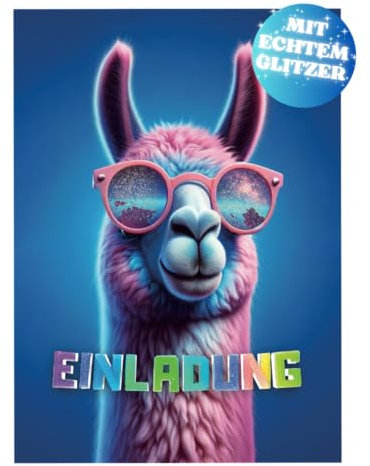 PRINTNOVIA GLITZER Lama Einladungskarten (12 Stück) für Kindergeburtstag & Party - Coole Einladungen für Festlichkeiten - Perfektes Einladungsset mit Glitzereffekt