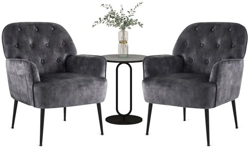 IWMH Sessel Wohnzimmer Schlafzimmer, Lazy Lounge Cocktailsessel Bequemer mit Armlehnen und Einer Seitentasche, Samt Modern dreh Polster Lesesessel mit Metallbeinen (Grau*2)