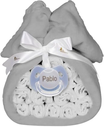 Cadeau de Naissance | Gâteau de Couches accompagné d'une Couverture Grise Personnalisée (Bleu, Set Individuel) | BebeDeParis