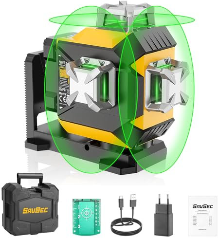 Kreuzlinienlaser, SAVSEC 3x360 Laser Wasserwaage mit Einstellbarer Helligkeit, Grün Selbstnivellierender Nivelliergerät, Wiederaufladbarer Li-Akku mit USB-C-Eingang(703CG-S)