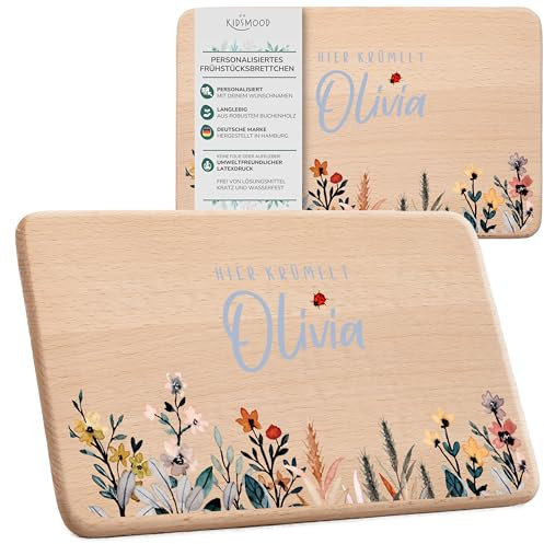 KIDSMOOD - Individuelles Frühstücksbrettchen Kinder Holz, Niedliches Brettchen personalisiert mit Wunschnamen und Blumen-Motiv, Als Taufgeschenk und Babygeschenk