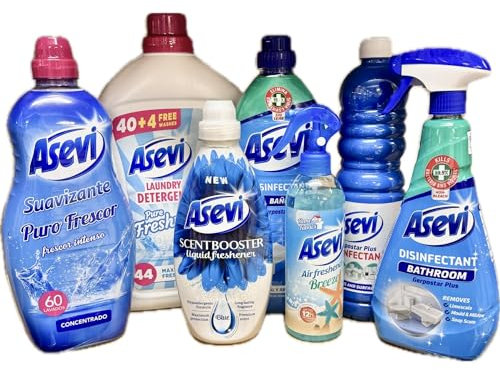 7PC Asevi Ultimate BLUE Spanish Cleaning Bundle | 40w Detergent, 60w Softener, Scent Booster, Bano Disinfectant, Floor Cleaner, Bathroom Spray, Fabric/Air Freshener