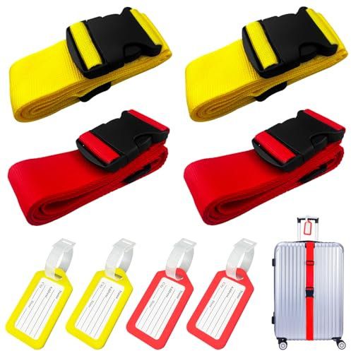 Diompirux 4 Stück Kofferband mit 4 Stück Gepäckanhänger Set(2rote + 2gelbe), Verstellbare Rutschfestes Reisezube, Gepäck schnell identifizieren, Sicher Reisen für Koffer, für Gepäck Reisetasche Koffer