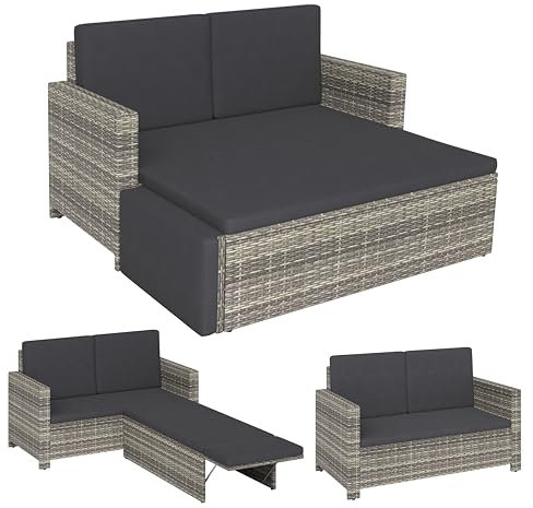 STEELSØN Gartenbank Elnath aus Polyrattan, Gartensofa für 2 Personen mit Liegefunktion und Hocker 2er Sofa mit Polster wetterfest, Terrassenmöbel in grau-meliert/anthrazit 73x65x130 cm (HxTxB)
